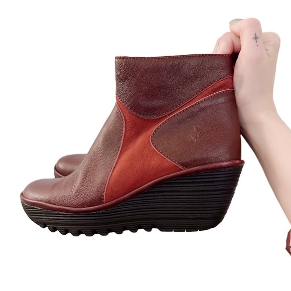 Fly London Shoes - Fly London Leather Suede Wedge Ankle Boots Yavo Burgundy Red Chunky Sole